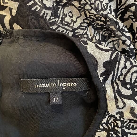 Nanette Lepore Silk Dress Shift 3/4 Sleeve Lace Black Ivory Floral Keyhole 12 L - Picture 4 of 11